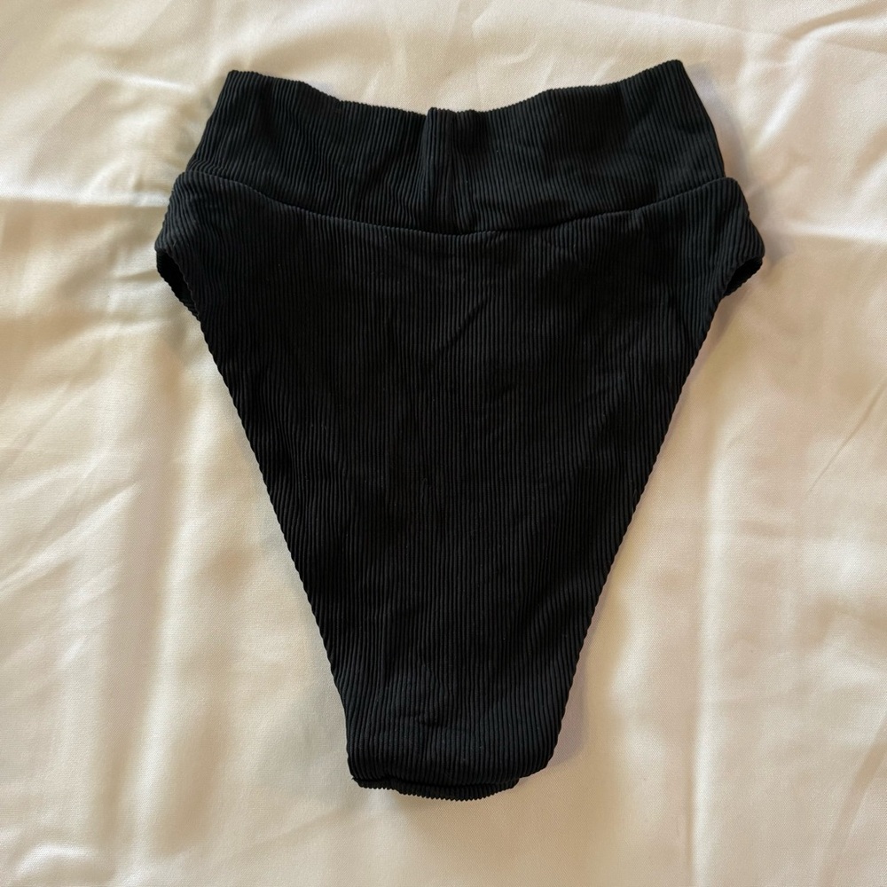 Aerie Ribbed High Cut Cheeky Bikini Bottoms Black High Waisted Swim NWT Size S - Picture 3 of 6